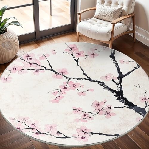 Generisch rutschfest Waschbar Wohnzimmer Runder Teppich Durchmesser 200cm, Japanische Tusche-KirschblüTe Teppich Rund Kurzflor Flanell Rug Hellrosa für Esszimmer Badezimmer Küche Flur Läufer von Generisch