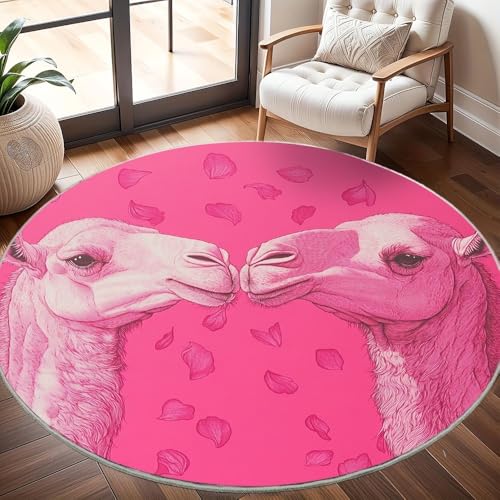 Generisch rutschfest Waschbar Wohnzimmer Runder Teppich Durchmesser 200cm, Kamelpaar Teppich Rund Kurzflor Flanell Rug Rosa BlüTenbläTter für Esszimmer Badezimmer Küche Flur Läufer von Generisch