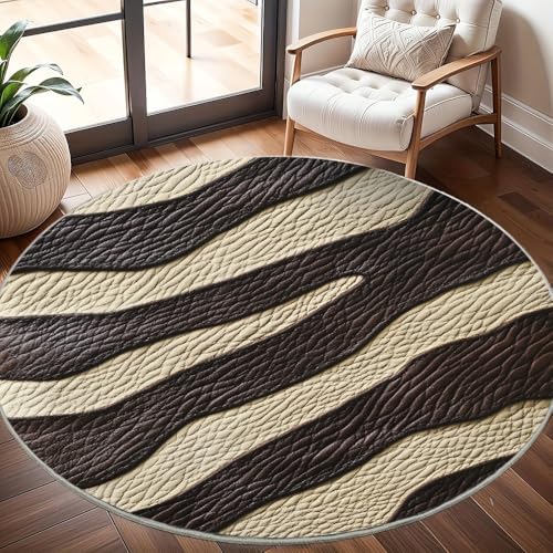Generisch rutschfest Waschbar Wohnzimmer Runder Teppich Durchmesser 200cm, Leder Zebramuster Teppich Rund Kurzflor Flanell Rug Schwarzes Gold für Esszimmer Badezimmer Küche Flur Läufer von Generisch