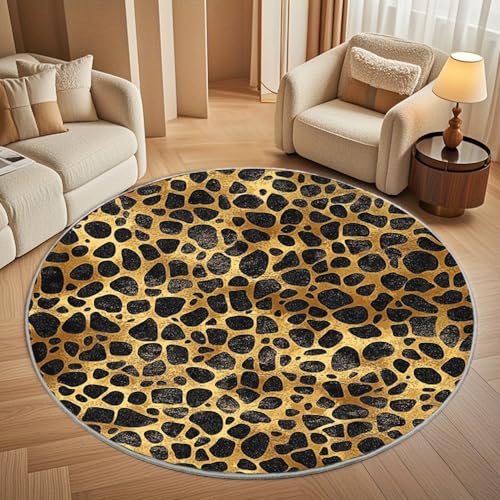 Generisch rutschfest Waschbar Wohnzimmer Runder Teppich Durchmesser 200cm, Leopardenmuster Teppich Rund Kurzflor Flanell Rug Gold für Esszimmer Badezimmer Küche Flur Läufer von Generisch