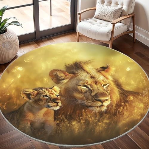 Generisch rutschfest Waschbar Wohnzimmer Runder Teppich Durchmesser 200cm, LöWe & Jungtier Muster Teppich Rund Kurzflor Flanell Rug Gold für Esszimmer Badezimmer Küche Flur Läufer von Generisch