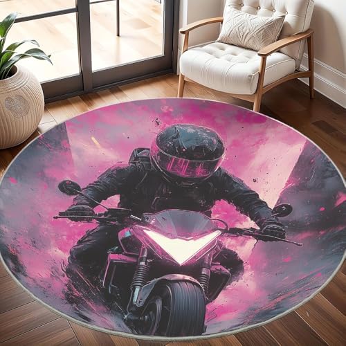 Generisch rutschfest Waschbar Wohnzimmer Runder Teppich Durchmesser 200cm, Offroad-Motorradsportler Teppich Rund Kurzflor Flanell Rug Rosa für Esszimmer Badezimmer Küche Flur Läufer von Generisch