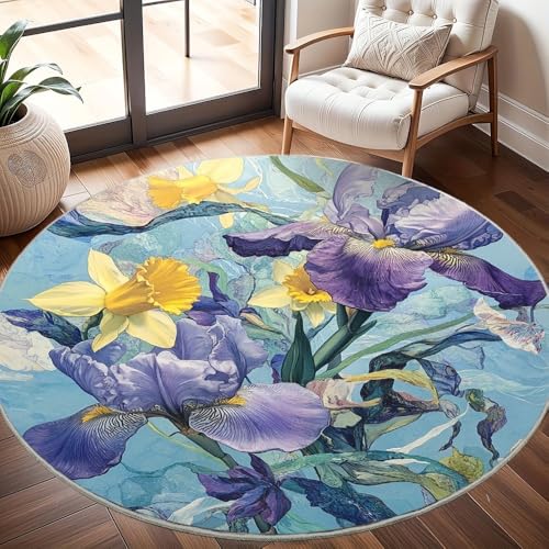 Generisch rutschfest Waschbar Wohnzimmer Runder Teppich Durchmesser 200cm, Pflanzen-Blumen-Print Teppich Rund Kurzflor Flanell Rug Bunt für Esszimmer Badezimmer Küche Flur Läufer Generisch rutschfest Waschbar Wohnzimmer Runder Teppich Durchmesser 200cm, Pflanzen-Blumen-Print Teppich Rund Kurzflor Flanell Rug Bunt für Esszimmer Badezimmer Küche Flur Läufer von Generisch