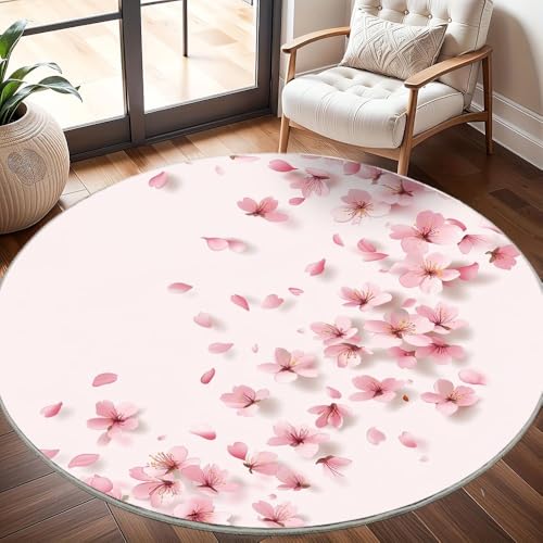 Generisch rutschfest Waschbar Wohnzimmer Runder Teppich Durchmesser 200cm, Romantischer KirschblüTendruck Teppich Rund Kurzflor Flanell Rug Rosa für Esszimmer Badezimmer Küche Flur Läufer von Generisch