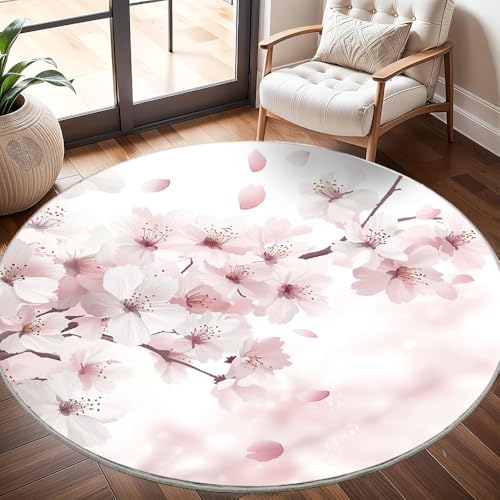 Generisch rutschfest Waschbar Wohnzimmer Runder Teppich Durchmesser 200cm, Rosa Sakura-Thema Teppich Rund Kurzflor Flanell Rug Rosa für Esszimmer Badezimmer Küche Flur Läufer von Generisch