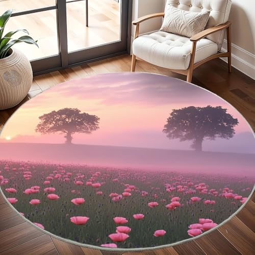 Generisch rutschfest Waschbar Wohnzimmer Runder Teppich Durchmesser 200cm, Rosa TulpenblüTenmeer Teppich Rund Kurzflor Flanell Rug Rosa für Esszimmer Badezimmer Küche Flur Läufer von Generisch