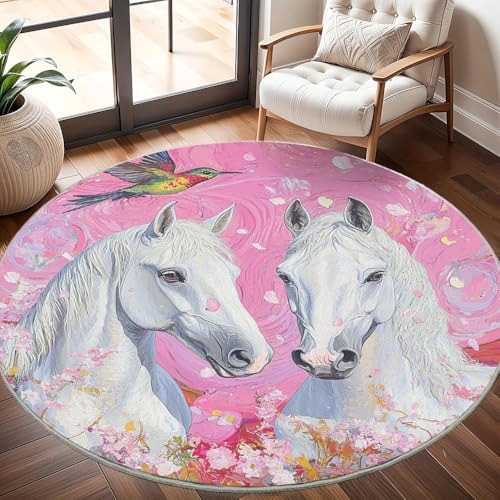 Generisch rutschfest Waschbar Wohnzimmer Runder Teppich Durchmesser 200cm, WeißEs Tierpferd Teppich Rund Kurzflor Flanell Rug Rosa BlüTen für Esszimmer Badezimmer Küche Flur Läufer von Generisch