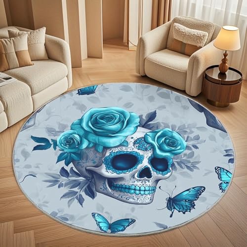 Generisch rutschfest Waschbar Wohnzimmer Runder Teppich Durchmesser 80cm, RosenschäDel-Print Teppich Rund Kurzflor Flanell Rug TüRkis für Esszimmer Badezimmer Küche Flur Läufer von Generisch