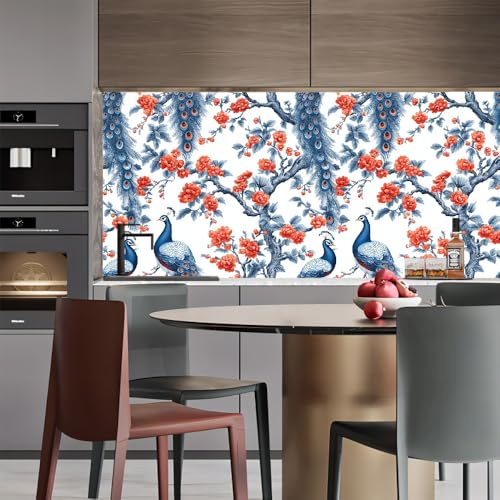 Generisch tapete selbstklebend 44wX1000Lcm Roter Pflaumenblütenpfau tapete steinoptik Modernes Wanddesign für Arbeitszimmer oder Home Office – selbstklebend und rückstandslos entfernbar EBZ9-263762 von Generisch