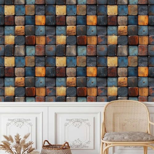 Generisch tapete selbstklebend 44wX100Lcm Bunte Quadratische Holzblockstruktur raufasertapete weiß Pflegeleichtes Wanddesign für Küche oder Bad – feucht abwischbar und langlebig EBZ9-262878 von Generisch