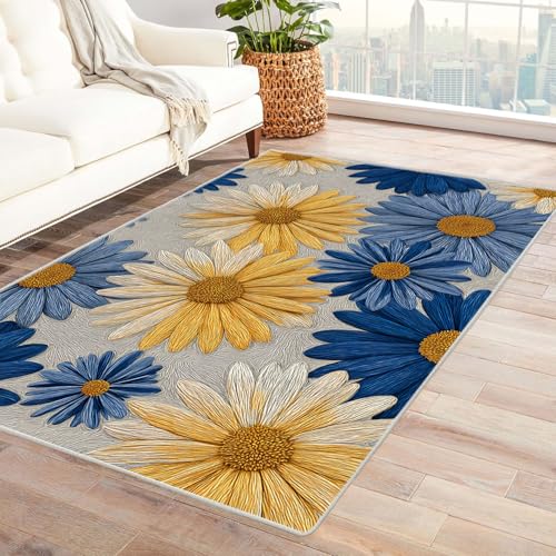 Generisch waschbarer Flächenteppich Abstrakte Chrysanthemum Flache große Flächenteppiche mit Rutschfester Rückseite, für Wohnzimmer, Schlafzimmer, Esszimmer(Gelb)-180x240cm von Generisch