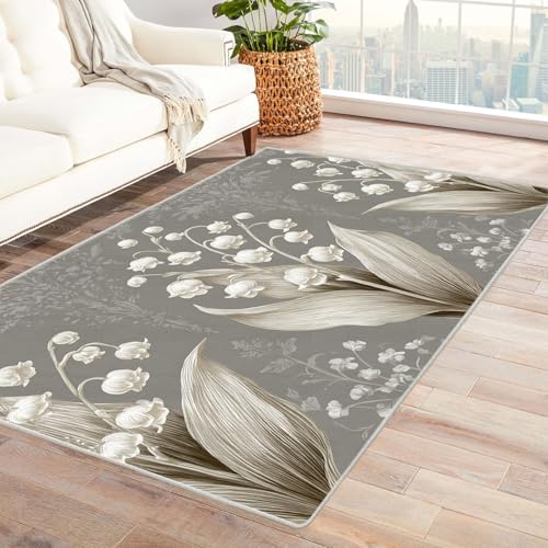Generisch waschbarer Flächenteppich Vintage Blumen Muster Flache große Flächenteppiche mit Rutschfester Rückseite, für Wohnzimmer, Schlafzimmer, Esszimmer(Grau)-90x150cm von Generisch