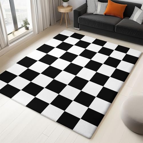 Geometrische Quadrate Teppich Wohnzimmer 180 x 240 cm, Supersoft Kurzflor Teppich Schlafzimmer, Waschbar Anti-Rutsch fussmatte für Jugendzimmer Badezimmer, Schwarz-Weiß Geometrische Quadrate Teppich Wohnzimmer 180 x 240 cm, Supersoft Kurzflor Teppich Schlafzimmer, Waschbar Anti-Rutsch fussmatte für Jugendzimmer Badezimmer, Schwarz-Weiß von Generisch
