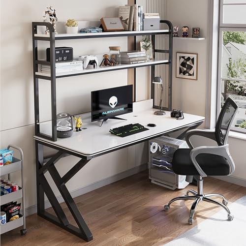 Geräumiger schwarzer Computertisch mit Stall und Regalen, vielseitiger Heimbüro und Gaming-Arbeitsplatz, stabiler Metallrahmen, funktionale Aufbewahrungslösung für Arbeit und Spielen von Generisch