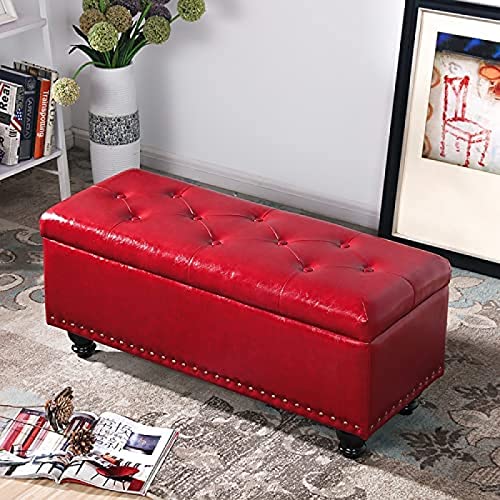 Gesteppter Kunstleder-Ottomane, Couchtisch mit Stauraum, rechteckige Bank mit Holzbeinen, schwarz, 100 x 40 x 43 cm, Weinrot, 60 x 40 x 43 cm, stilvolle Heimdekoration von Generisch