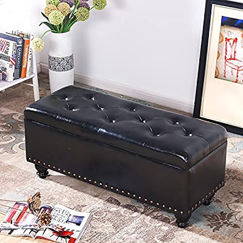 Gesteppter Sitzhocker aus Kunstleder, rechteckig, Couchtisch mit Holzbeinen, schwarzer Ottomane mit Stauraum, 100 x 40 x 43 cm & 80 x 40 x 43 cm, moderne Wohnmöbel Gesteppter Sitzhocker aus Kunstleder, rechteckig, Couchtisch mit Holzbeinen, schwarzer Ottomane mit Stauraum, 100 x 40 x 43 cm & 80 x 40 x 43 cm, moderne Wohnmöbel von Generisch