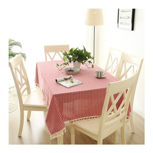 Gestreifte rechteckige Tischdecke, 140 x 200 cm, waschbar, Baumwoll-Leinen-Mischgewebe mit Quasten, ideal für Picknicks, Partys und Abendessen, leuchtend rot von Generisch