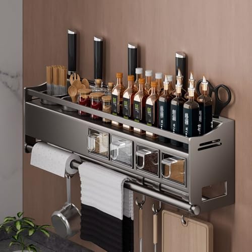 Gewürzregal aus Metall mit Utensilienhalter, Papierhandtuchhaken, Messerhalter – Wandmontiertes Küchenregal Gewürzregal aus Metall mit Utensilienhalter, Papierhandtuchhaken, Messerhalter – Wandmontiertes Küchenregal von Generisch