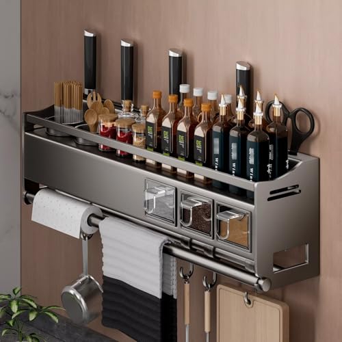 Gewürzregal aus Metall mit Utensilienhalter, Papierhandtuchhaken, Messerhalter – Wandmontiertes Küchenregal von Generisch