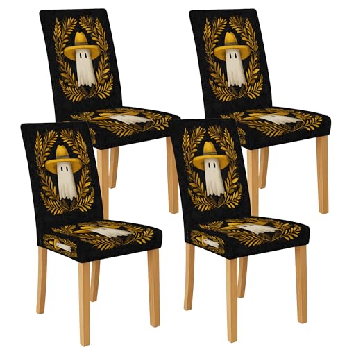 Ghost Halloween-Stuhlhussen für Esszimmerstühle, dehnbar und waschbar, Spandex-Sitzschoner, lustige dekorative Schonbezüge für Herbst-Esszimmer, 4 Stück von Generisch