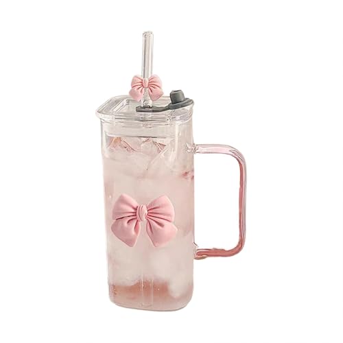 Glas Mit Deckel Und Strohhalm Bow Glasbecher Matcha Glas 390Ml Eiskaffee GläSer Geschenke FüR Frauen Trinkbecher FüR Iced Coffee Smoothie Matcha Cocktail Latte von Generisch