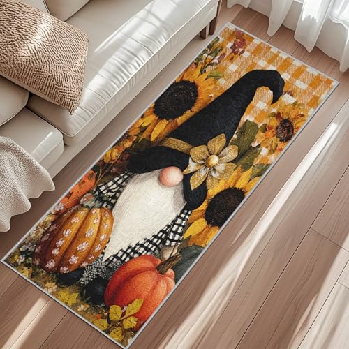 Gnom Teppich Läufer, Buffalo Plaid Kürbis Sonnenblume Herbst Teppich 80x150 cm, Teppiche Für Waschküche Küche Korridor Flur Waschbar Rutschfester Kurzflor Gnom Teppich Läufer, Buffalo Plaid Kürbis Sonnenblume Herbst Teppich 80x150 cm, Teppiche Für Waschküche Küche Korridor Flur Waschbar Rutschfester Kurzflor von Generisch
