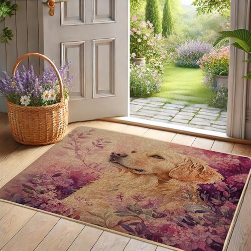 Golden Retriever Fußmatte mit Blumenmuster, gelbe Tier-Fußmatte für Frühling und Sommer, Heimdekoration, rutschfester Außen- und Inneneingangsteppich, leicht zu reinigen, 73 x 43 cm von Generisch