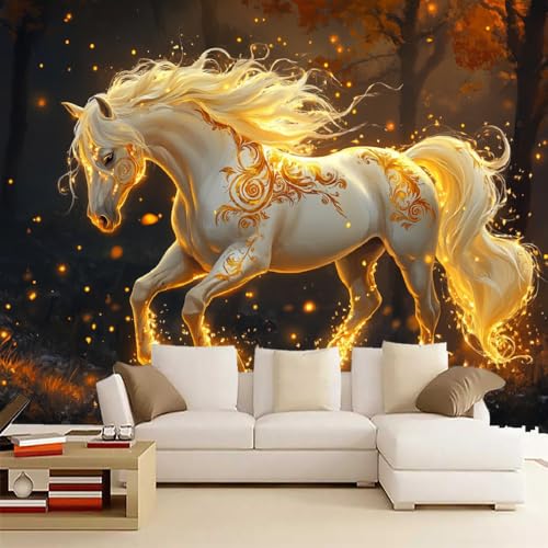 Goldenes Pferd Fototapete selbstklebend 3D Effekt Pferd Wandgemälde Tapete für Wände Schlafzimmer Wohnzimmer Schlafzimmer TV-Hintergrund Kinderzimmer Dekoration （300 x 210 cm） von Generisch
