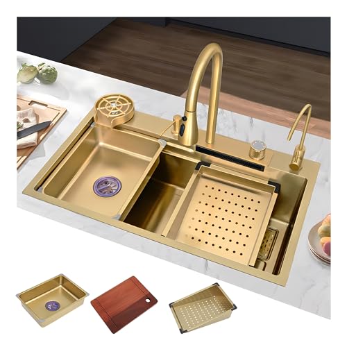 Goldfarbene Wasserfall-Küchenspüle – Edelstahl-Einzelbecken-Arbeitsplatz mit herausziehbarem Wasserhahnknauf, Ablaufgarnitur, 68 x 45 x 22 cm, elegantes Slide-and-Dine-Design für moderne Küchen Goldfarbene Wasserfall-Küchenspüle – Edelstahl-Einzelbecken-Arbeitsplatz mit herausziehbarem Wasserhahnknauf, Ablaufgarnitur, 68 x 45 x 22 cm, elegantes Slide-and-Dine-Design für moderne Küchen von Generisch