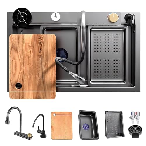 Goldfarbene Wasserfall-Küchenspüle mit ausziehbarem Wasserhahn, kompakte Edelstahl-Arbeitsplatzspüle, Nanobeschichtung, Einzelschüssel, Unterlegscheibe und Ablauf-Set, Schwarz, 68 x 45 x 21 cm Goldfarbene Wasserfall-Küchenspüle mit ausziehbarem Wasserhahn, kompakte Edelstahl-Arbeitsplatzspüle, Nanobeschichtung, Einzelschüssel, Unterlegscheibe und Ablauf-Set, Schwarz, 68 x 45 x 21 cm von Generisch