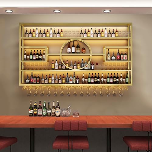 Goldfarbenes Metall-Weinregal mit Glashalter, schwimmendes Likörregal, Eisen-Hängeregale für Küche, Weinkeller, stilvolles Wandregal und Organizer. von Generisch