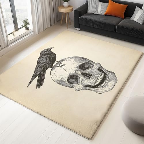 Gotischer Rabe mit Schädel Teppich Wohnzimmer 140x200cm Kurzflor rutschfest Teppich Schlafzimmer Gelb Waschbarer läufer Kinderzimmer für Küche esszimmer fussmatte von Generisch