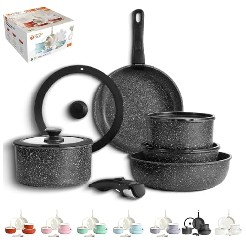 Gourmetific Cookware Set, Gourmetific Cookware Set Stackables With Removable Handle, 5/9/11/15 Piece, Oven Safe, Easily Clean, for Kitchen (Black,11Pcs) von Generisch