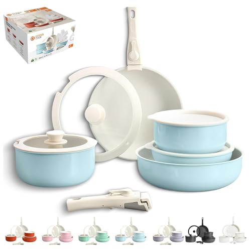 Gourmetific Cookware Set, Gourmetific Cookware Set Stackables With Removable Handle, 5/9/11/15 Piece, Oven Safe, Easily Clean, for Kitchen (Blue,15Pcs) von Generisch