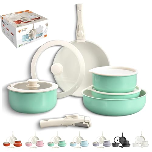 Gourmetific Cookware Set, Gourmetific Cookware Set Stackables With Removable Handle, 5/9/11/15 Piece, Oven Safe, Easily Clean, for Kitchen (Light Green,9Pcs) von Generisch