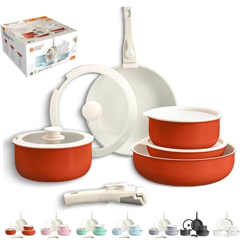 Gourmetific Cookware Set, Gourmetific Cookware Set Stackables With Removable Handle, 5/9/11/15 Piece, Oven Safe, Easily Clean, for Kitchen (Orange,5Pcs) von Generisch