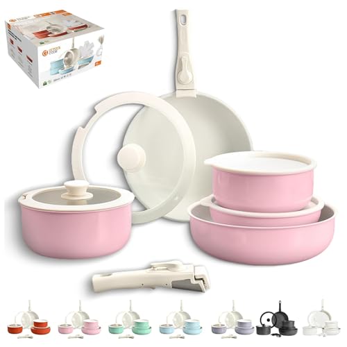 Gourmetific Cookware Set, Gourmetific Cookware Set Stackables With Removable Handle, 5/9/11/15 Piece, Oven Safe, Easily Clean, for Kitchen (Pink,5Pcs) von Generisch