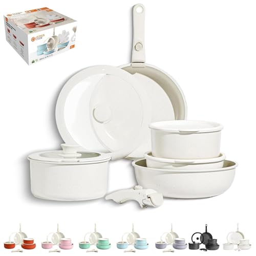 Gourmetific Cookware Set, Gourmetific Cookware Set Stackables With Removable Handle, 5/9/11/15 Piece, Oven Safe, Easily Clean, for Kitchen (White,9Pcs) von Generisch