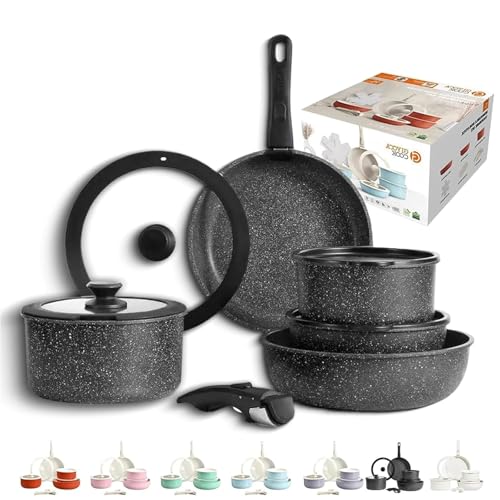 Gourmetific Cookware Set, Gourmetific Cookware Set Stackables with Removable Handle, 11/15 Piece, Oven Safe, Easily Clean, for Kitchens (Black,15Pcs) von Generisch