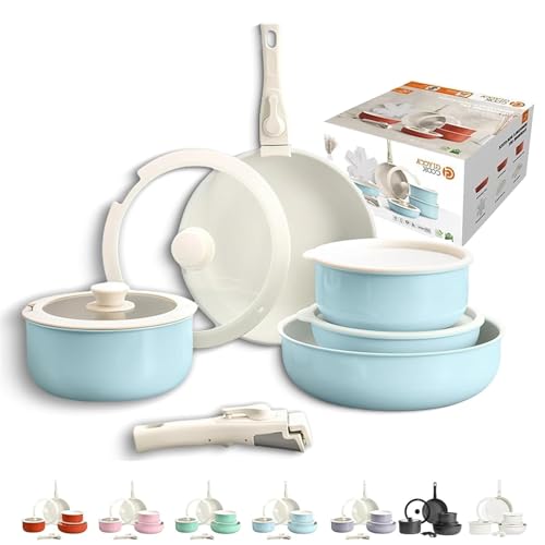 Gourmetific Cookware Set, Gourmetific Cookware Set Stackables with Removable Handle, 11/15 Piece, Oven Safe, Easily Clean, for Kitchens (Blue,5Pcs) von Generisch