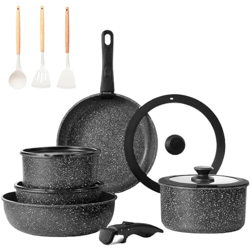 Gourmetific Cookware Set, Gourmetific Cookware Set Stackables with Removable Handle, 5/11/15 Piece 𝐜𝐨𝐨𝐤𝐰𝐚𝐫𝐞 𝐬𝐞𝐭, Oven Safe, Easily Clean, for Kitchen (Black,5-Piece) von Generisch