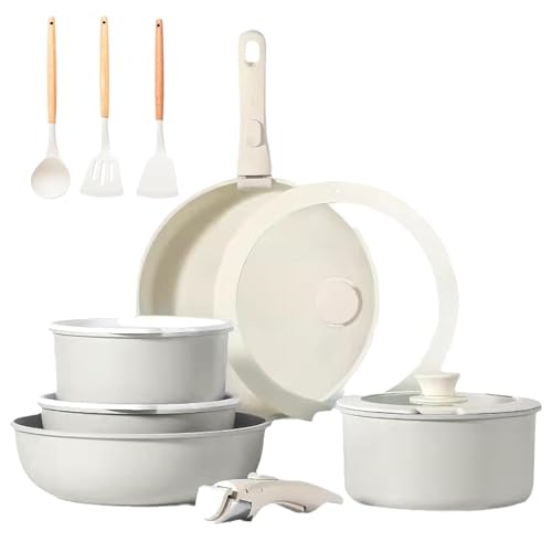 Gourmetific Cookware Set, Gourmetific Cookware Set Stackables with Removable Handle, 5/11/15 Piece 𝐜𝐨𝐨𝐤𝐰𝐚𝐫𝐞 𝐬𝐞𝐭, Oven Safe, Easily Clean, for Kitchen (White,15-Piece) von Generisch