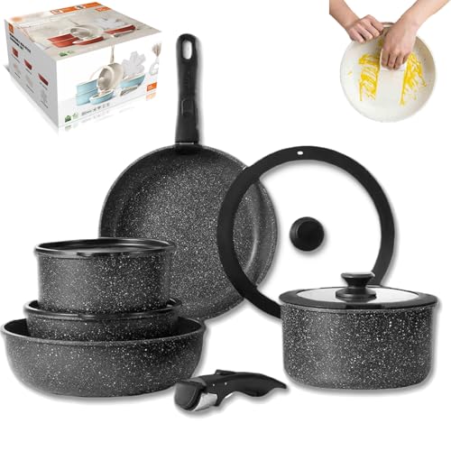 Gourmetific Cookware Set, Gourmetific Nonstick Detachable Handle Cookware, 5/15 Piece Stackable Non-Stick Cookware Set with Multifunctional Spatula (Black,5 Set) von Generisch
