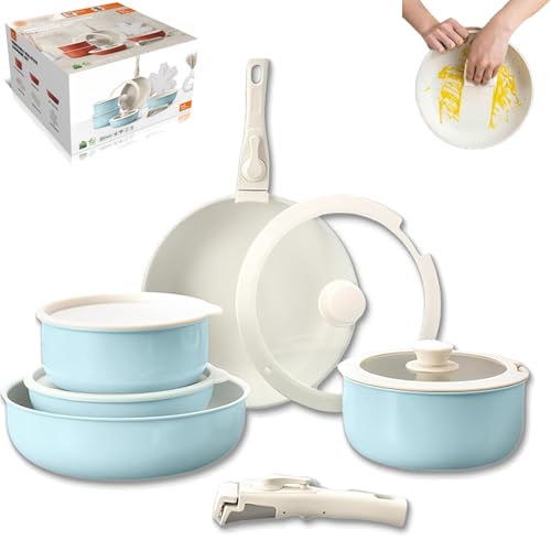Gourmetific Cookware Set, Gourmetific Nonstick Detachable Handle Cookware, 5/15 Piece Stackable Non-Stick Cookware Set with Multifunctional Spatula (Blue,5 Set) von Generisch