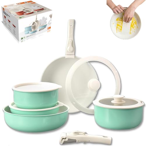 Gourmetific Cookware Set, Gourmetific Nonstick Detachable Handle Cookware, 5/15 Piece Stackable Non-Stick Cookware Set with Multifunctional Spatula (Green,15 Set) von Generisch