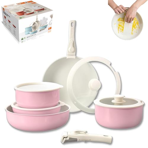 Gourmetific Cookware Set, Gourmetific Nonstick Detachable Handle Cookware, 5/15 Piece Stackable Non-Stick Cookware Set with Multifunctional Spatula (Pink,5 Set) von Generisch