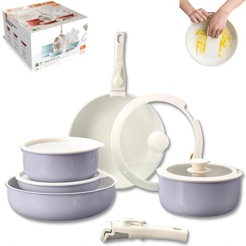 Gourmetific Cookware Set, Gourmetific Nonstick Detachable Handle Cookware, 5/15 Piece Stackable Non-Stick Cookware Set with Multifunctional Spatula (Purple,5 Set) von Generisch