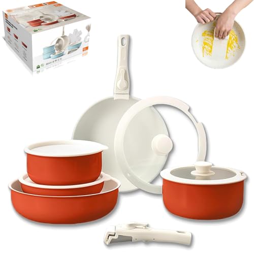 Gourmetific Cookware Set, Gourmetific Nonstick Detachable Handle Cookware, 5/15 Piece Stackable Non-Stick Cookware Set with Multifunctional Spatula (Red,5 Set) von Generisch