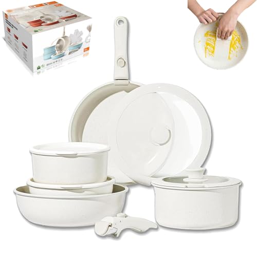 Gourmetific Cookware Set, Gourmetific Nonstick Detachable Handle Cookware, 5/15 Piece Stackable Non-Stick Cookware Set with Multifunctional Spatula (White,5 Set) von Generisch