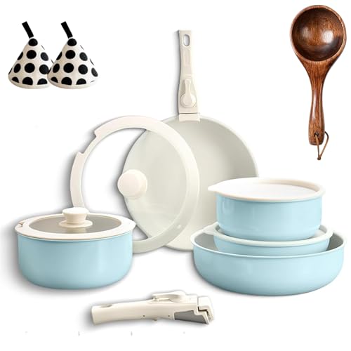 Gourmetific Cookware Set,Gourmetific Cookware Set Stackables With Removable Handle, 5/9/11/15 Piece Cookware Detachable Handle Set with Detachable Handle, Easily Clean (Blue,11PCS) von Generisch